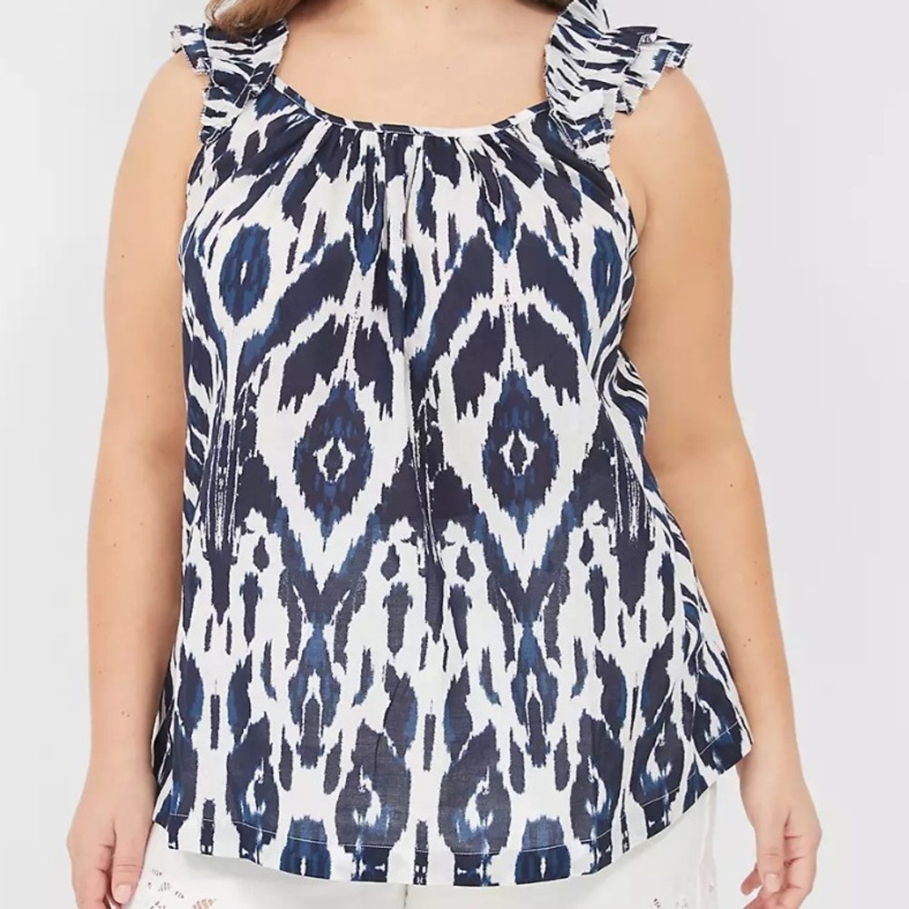 Lane Bryant Sleeveless Ruffle Tank Top Ikat Print Casual Blouse 14